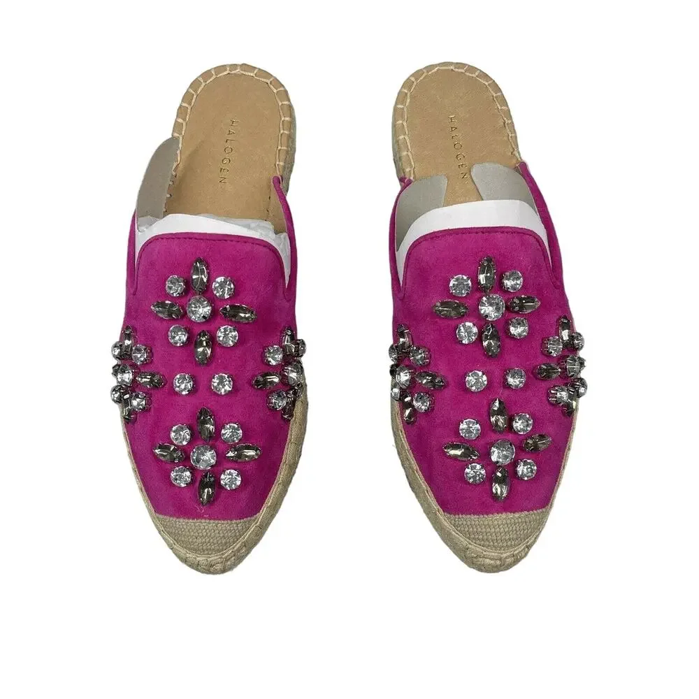 NEW Halogen Blythe Espadrille Mule Women's Size 7M Fuschia Suede Embellished